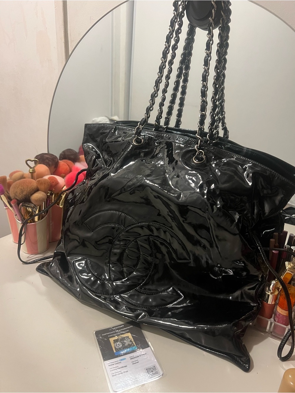 CHANEL Black Patent Quilted Tote with Chain-Detail Handles